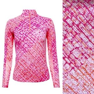 IBKUL Womens Top Zip Mock Neck Long Mesh Sleeve Liz Coral Golf Tennis PickleBall